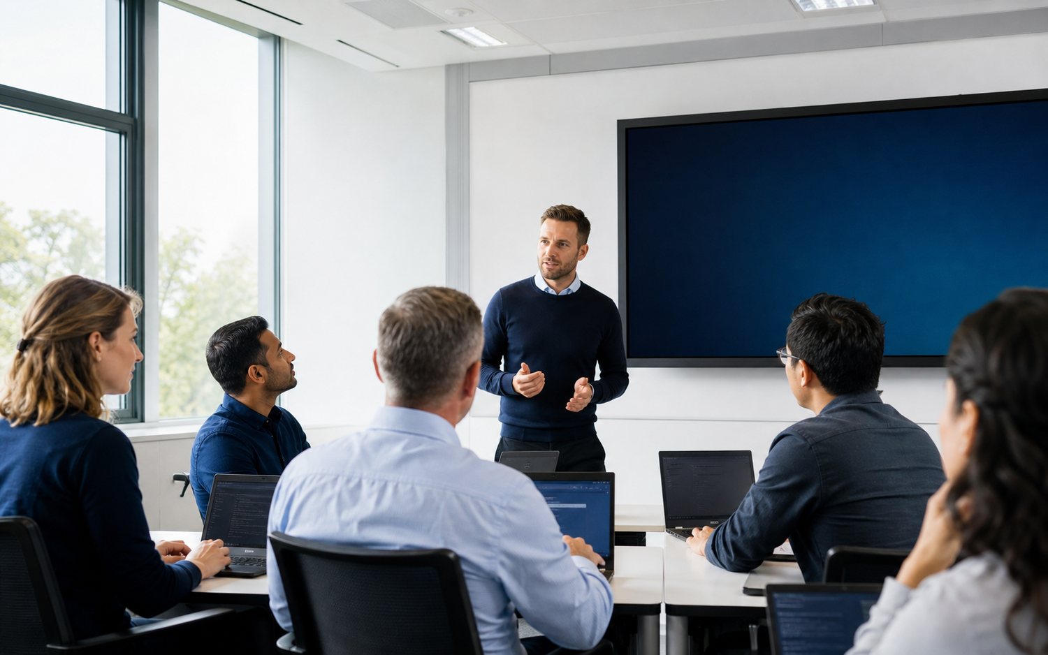 Firmenseminar mit Trainer und IT-Team im modernen Schulungsraum